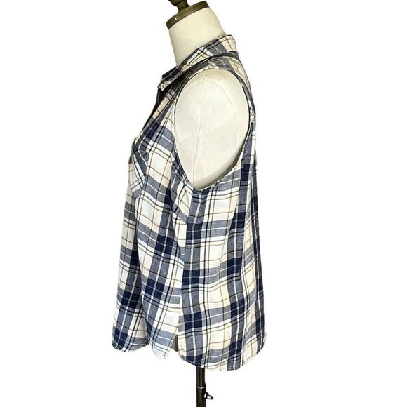 Maurices Womens Size Large Button Front Shirt Blue Yellow Plaid Sleeveless - Picture 7 of 11